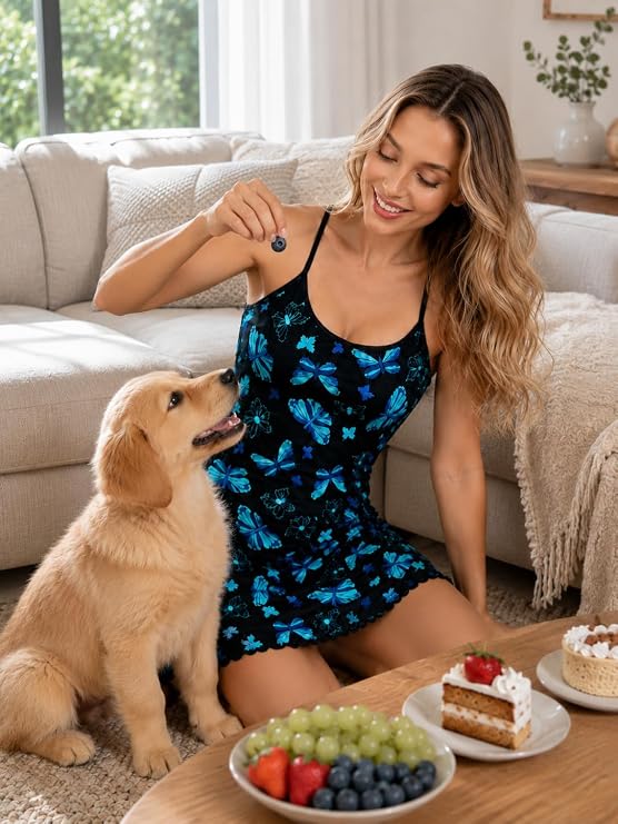 Womens Blue Butterfly Print Spaghetti Strap Milk Silk Summer Nightgown