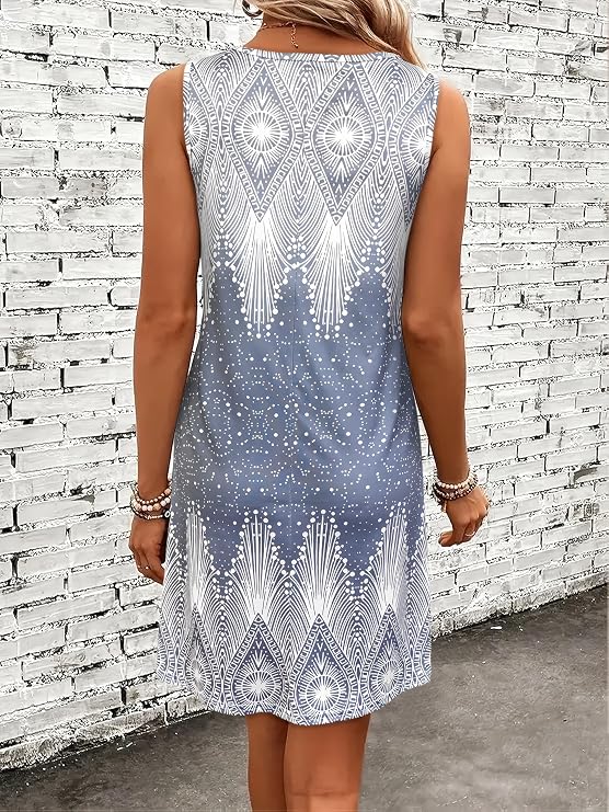 Scoop Neck Sleeveless Blue White Tribal Geometric Mini Dress, Loose Bohemian Tank Sundress